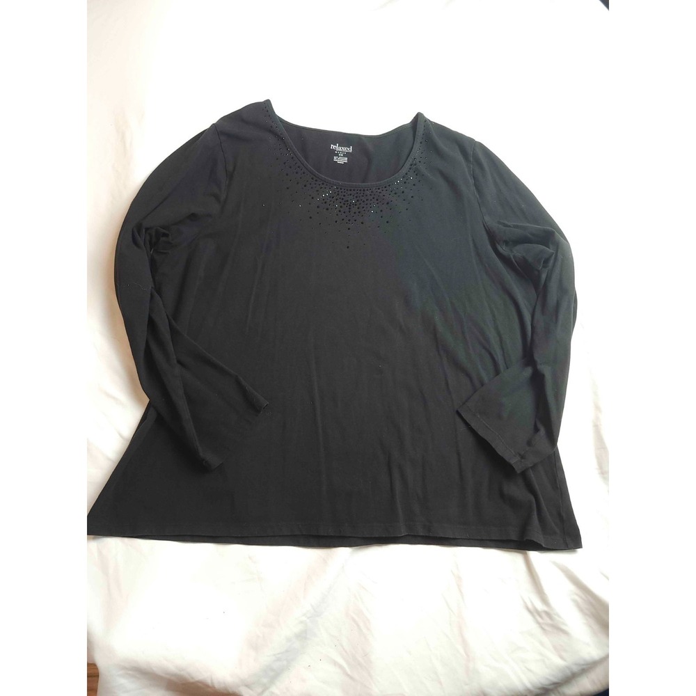 Relaxed Charter Club Shirt Womens 3X Black Beaded Studded Neck Knit Scoop Neck